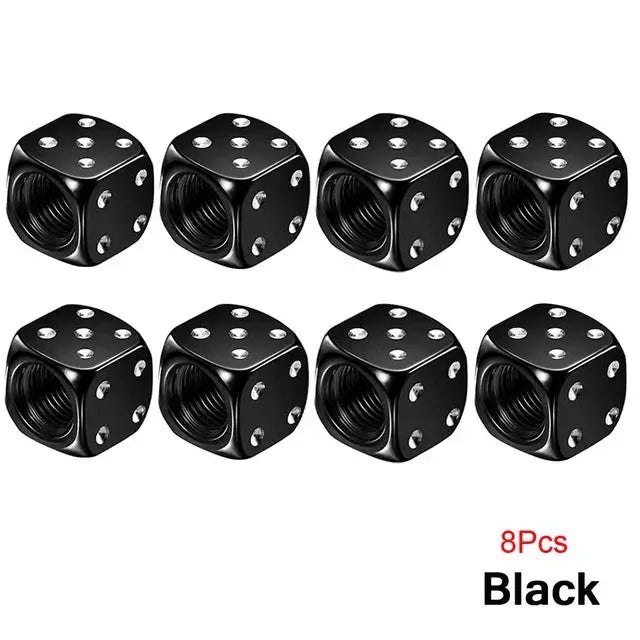 Aluminum dice tire valve caps for cars, trucks, motorcycles and bikes, 8pcs, black.