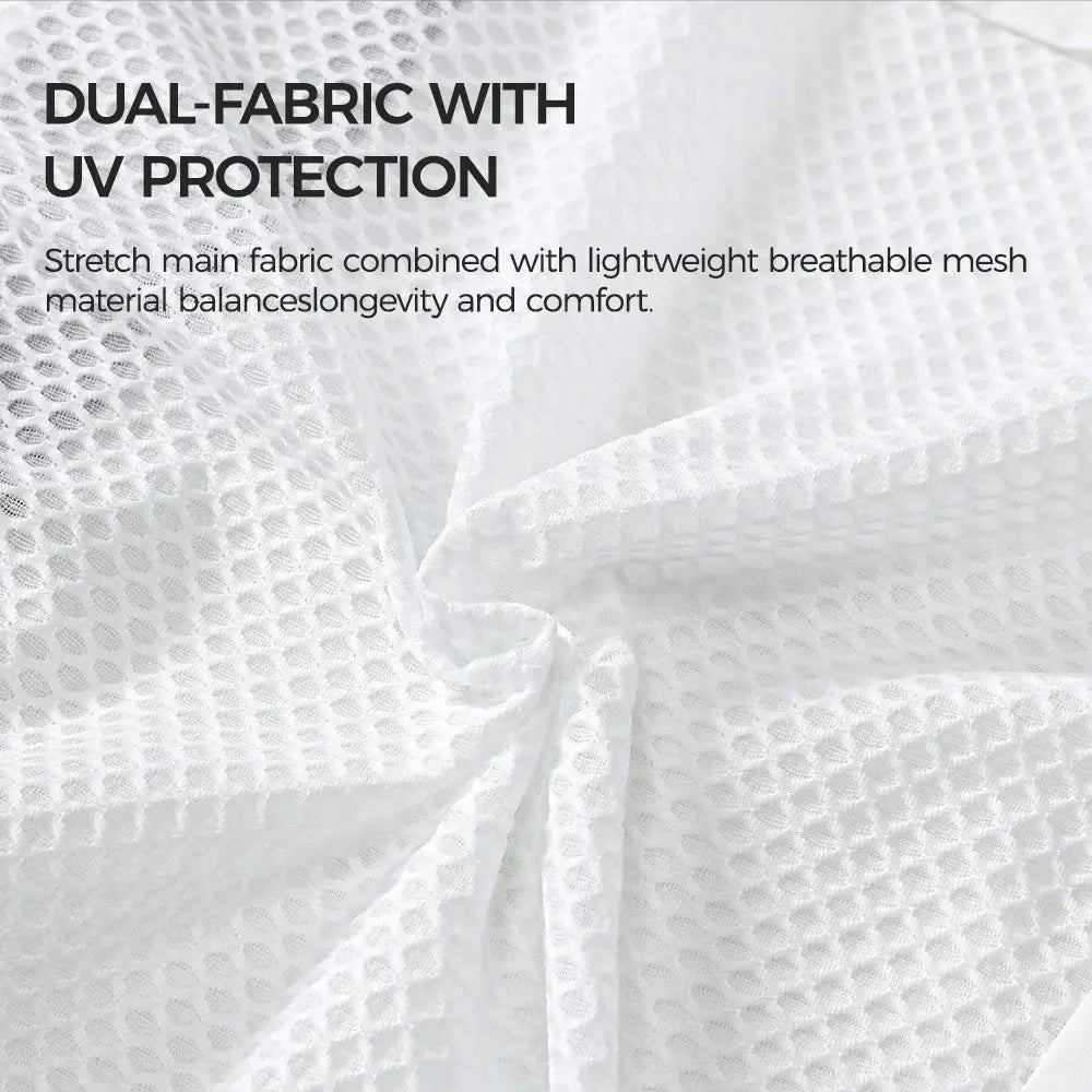RION windbreaker fabric close-up in white; dual-fabric UV protection with breathable mesh