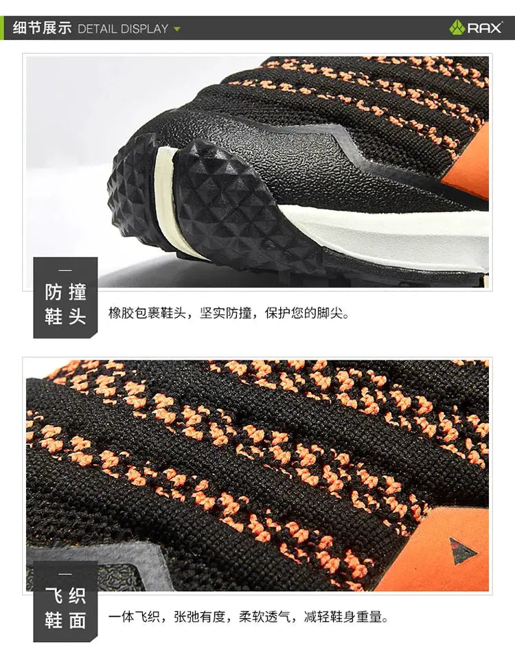 RAX men's waterproof hiking shoes with breathable black knit upper, orange accents, and rugged outsole.