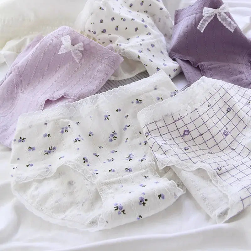 5-pack cotton women's panties with lace trim in lavender and white floral and checkered patterns