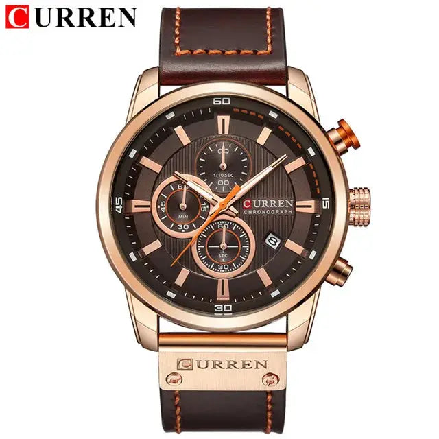 Curren 8291 men's quartz chronograph watch with brown leather strap and rose-gold case