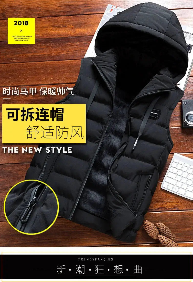 Men's black hooded puffer vest jacket with front zipper, sleeveless warm waistcoat on a wooden desk