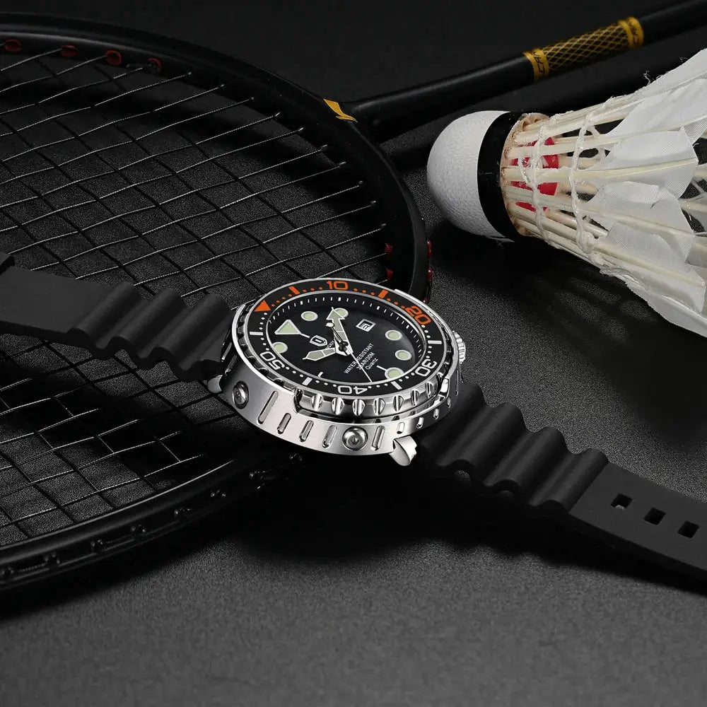 QINGXIYA sport watch with black silicone strap, stainless steel case, luminous dial; badminton racket and shuttlecock