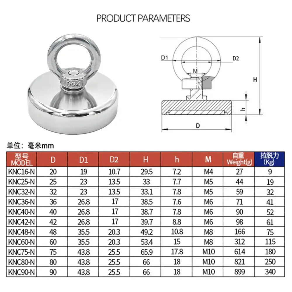 Neodymium Fishing Magnet N52 With Countersunk Eyebolt Salvage