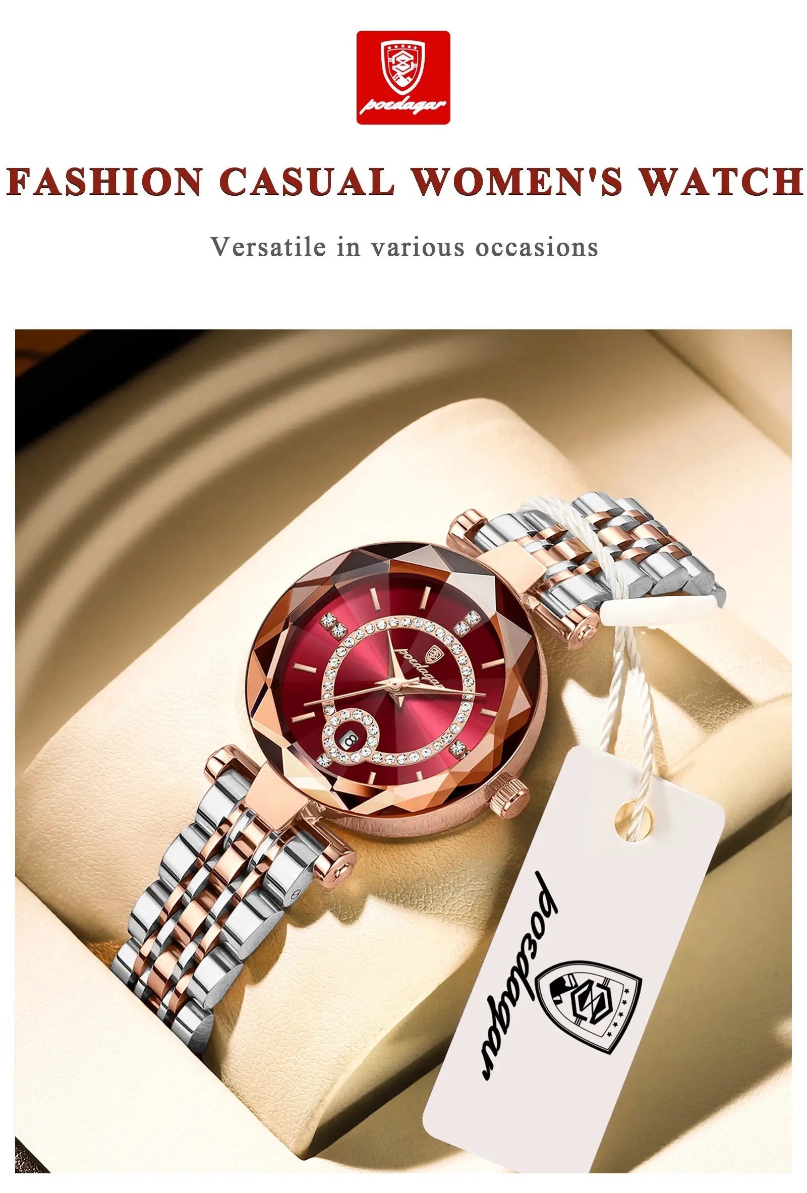 POEDAGAR women's fashion watch with red dial, rose gold and silver stainless steel bracelet, crystal accents.