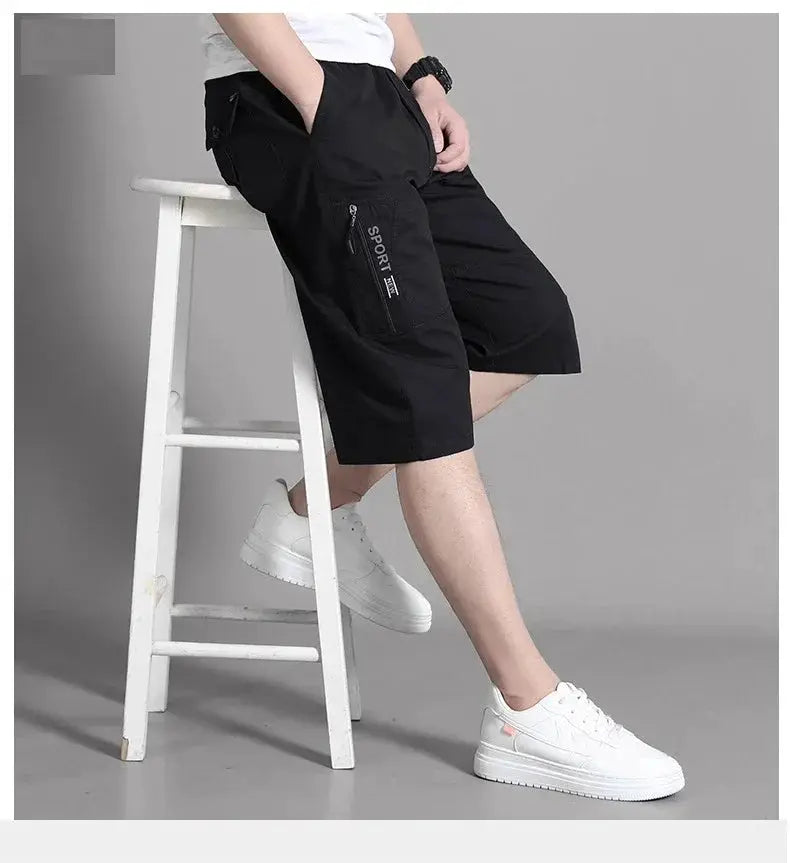 Mens cargo shorts knee-length, black cotton with side zipper pocket and elastic waist