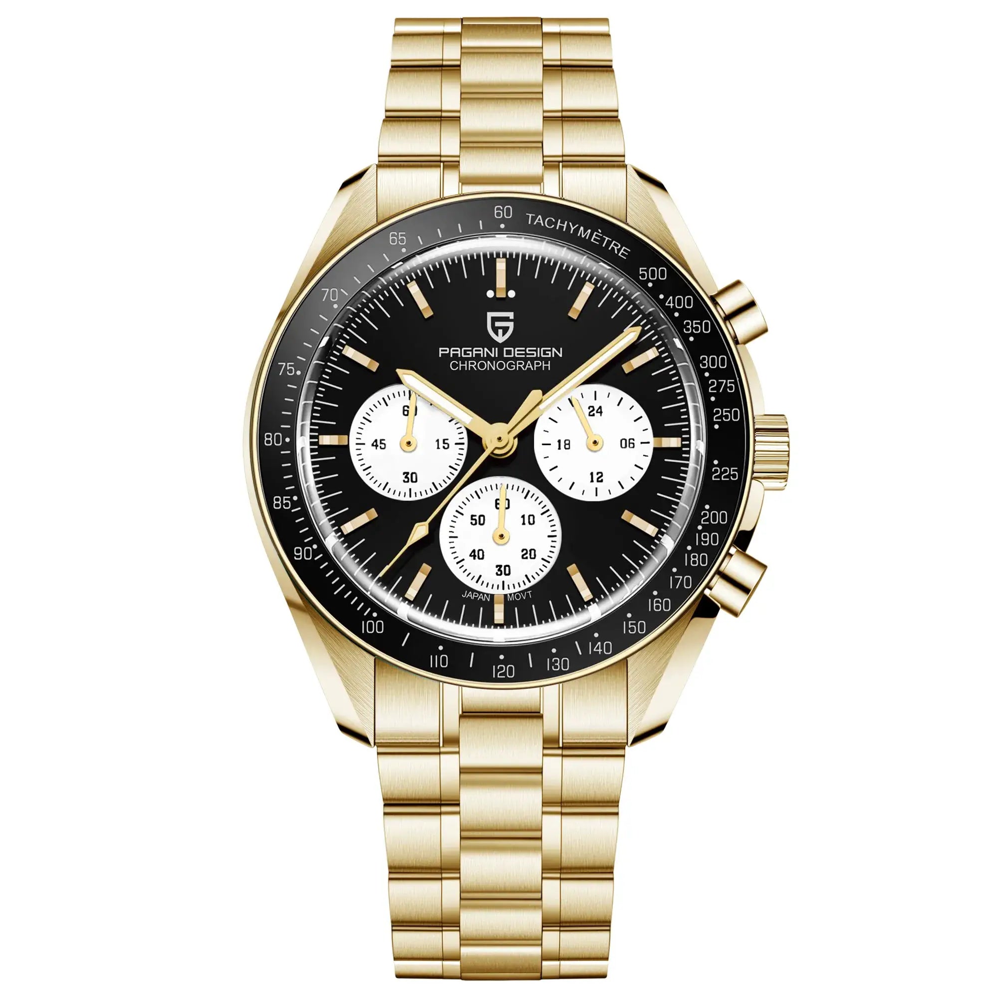 Pagani Design gold-tone stainless steel men's chronograph watch with black dial, tachymeter bezel, and white subdials
