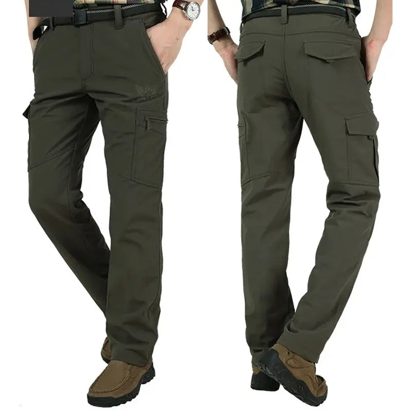 Outdoor tactical cargo pants by Simples Market, olive green, waterproof fleece-lined workwear