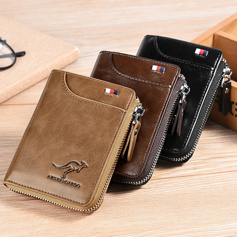 Set of 3 men's leather zipper wallets from Simples Market in tan, brown and black with RFID protection.