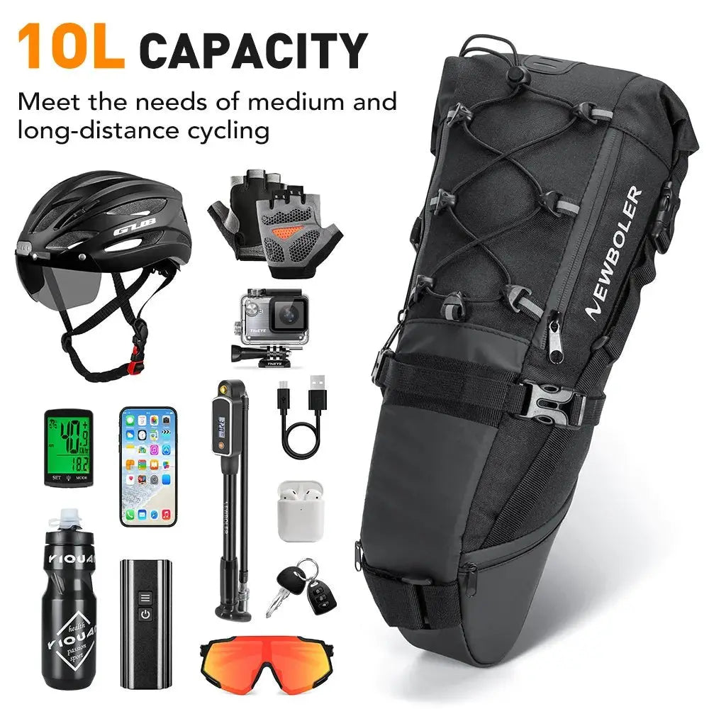NEWBOLER 10L waterproof bike saddle bag showcasing its large capacity and various cycling accessories for adventures.