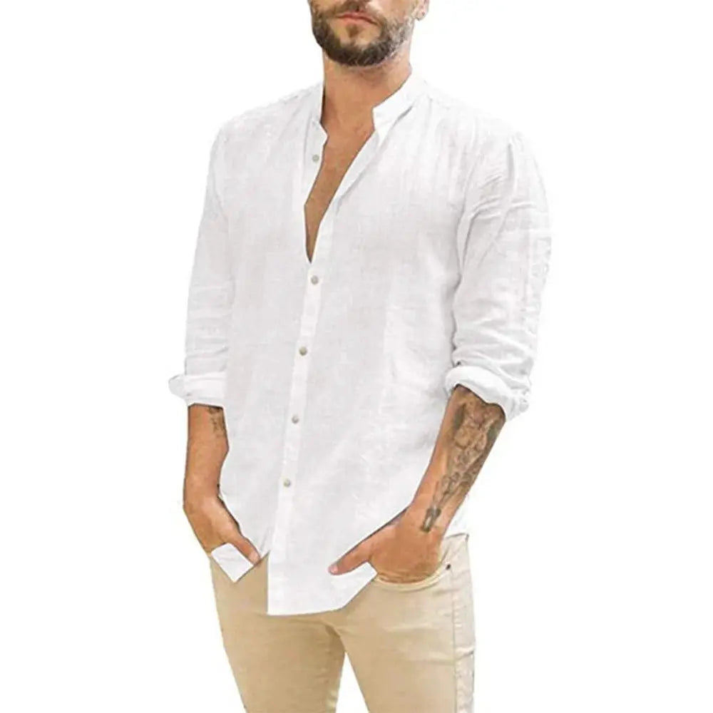Men's long-sleeve cotton-linen shirt, white solid color, stand-up collar, casual beach style