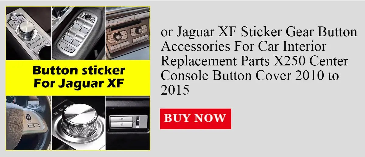 Button sticker for Jaguar XF interior; collage of chrome control knobs and center console, Simples Market.