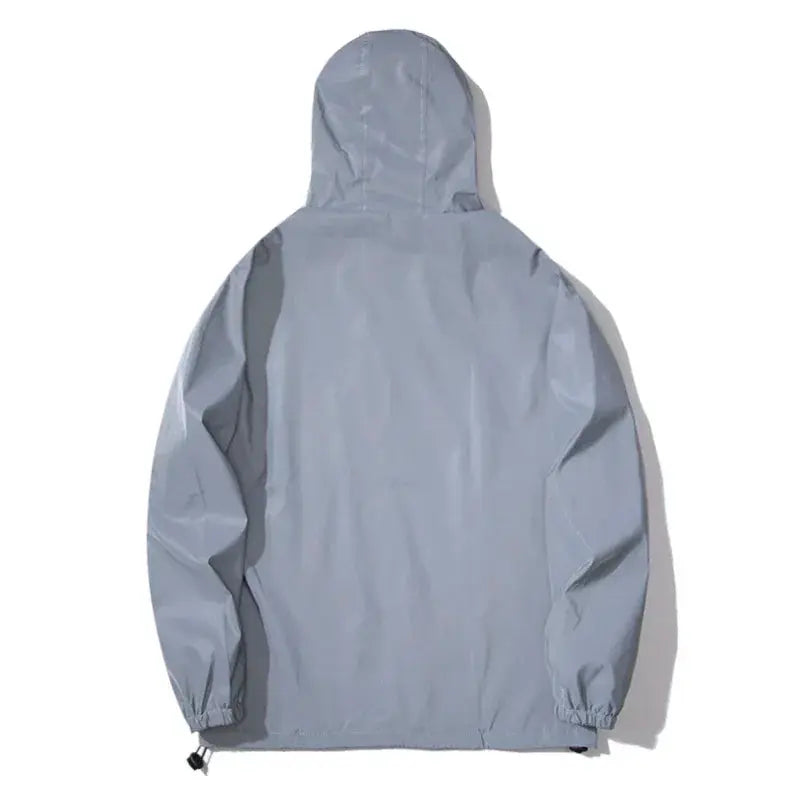 Light gray hooded polyester jacket with elastic cuffs and adjustable hem, back view