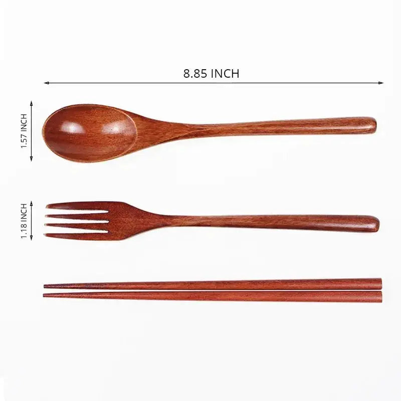 ZenWood Japanese Style Three Piece Wooden Cutlery Set With Chopsticks Fork Spoon Hygienic Safe Easy To Use