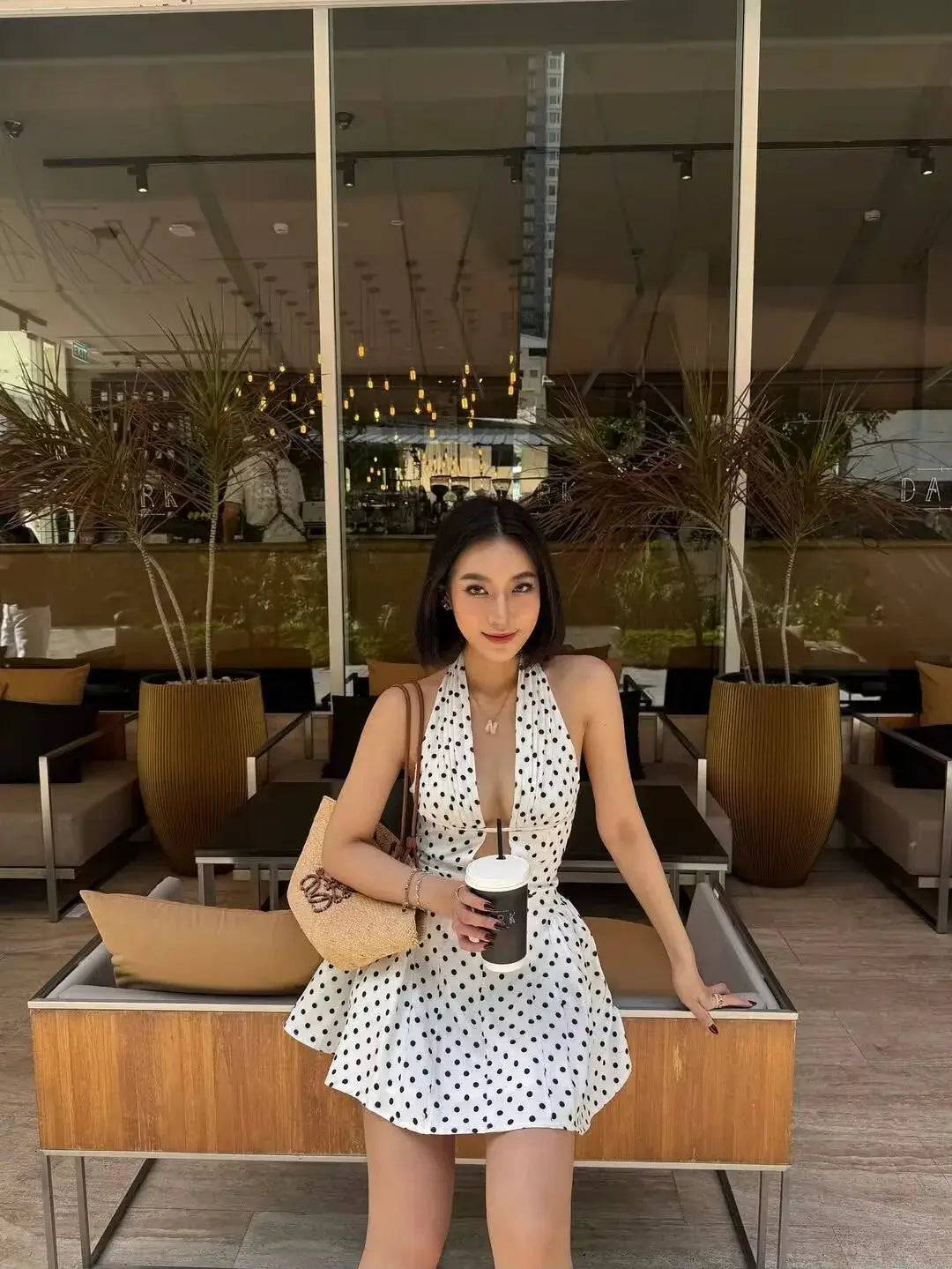 Yenkye French Style Retro Polka Dot Halter Dress Women Backless A Line