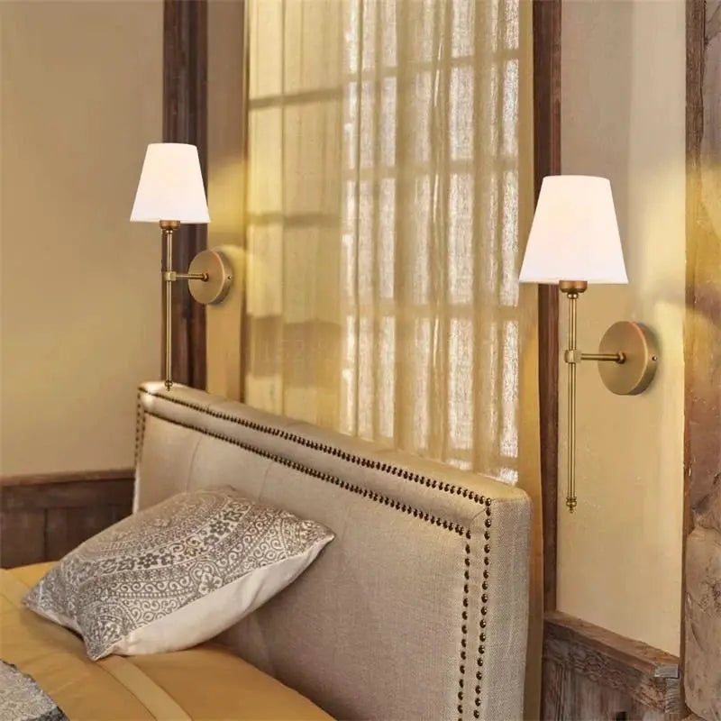 Simples Market modern brass wall lamps with white fabric shades, pair of bedside lamps.