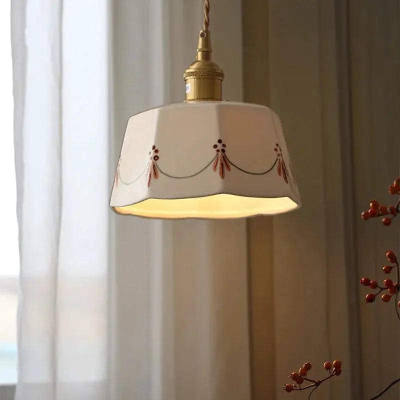 Japanese retro brass-glazed printed ceramic chandelier pendant with white shade and red motif
