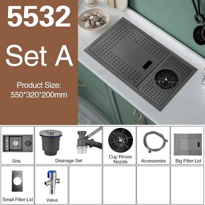ASRAS Nano black kitchen sink Set A with concealed single bowl and lifting faucet, cup washer included; 7-piece set