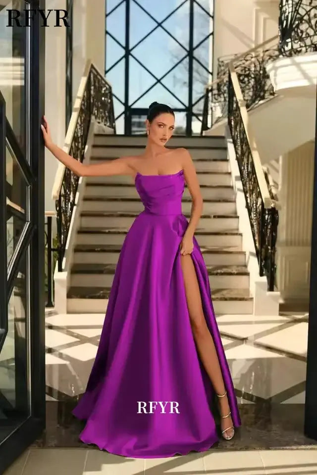 RFYR Green Satin Evening Dress Pleats A Line High Split Prom