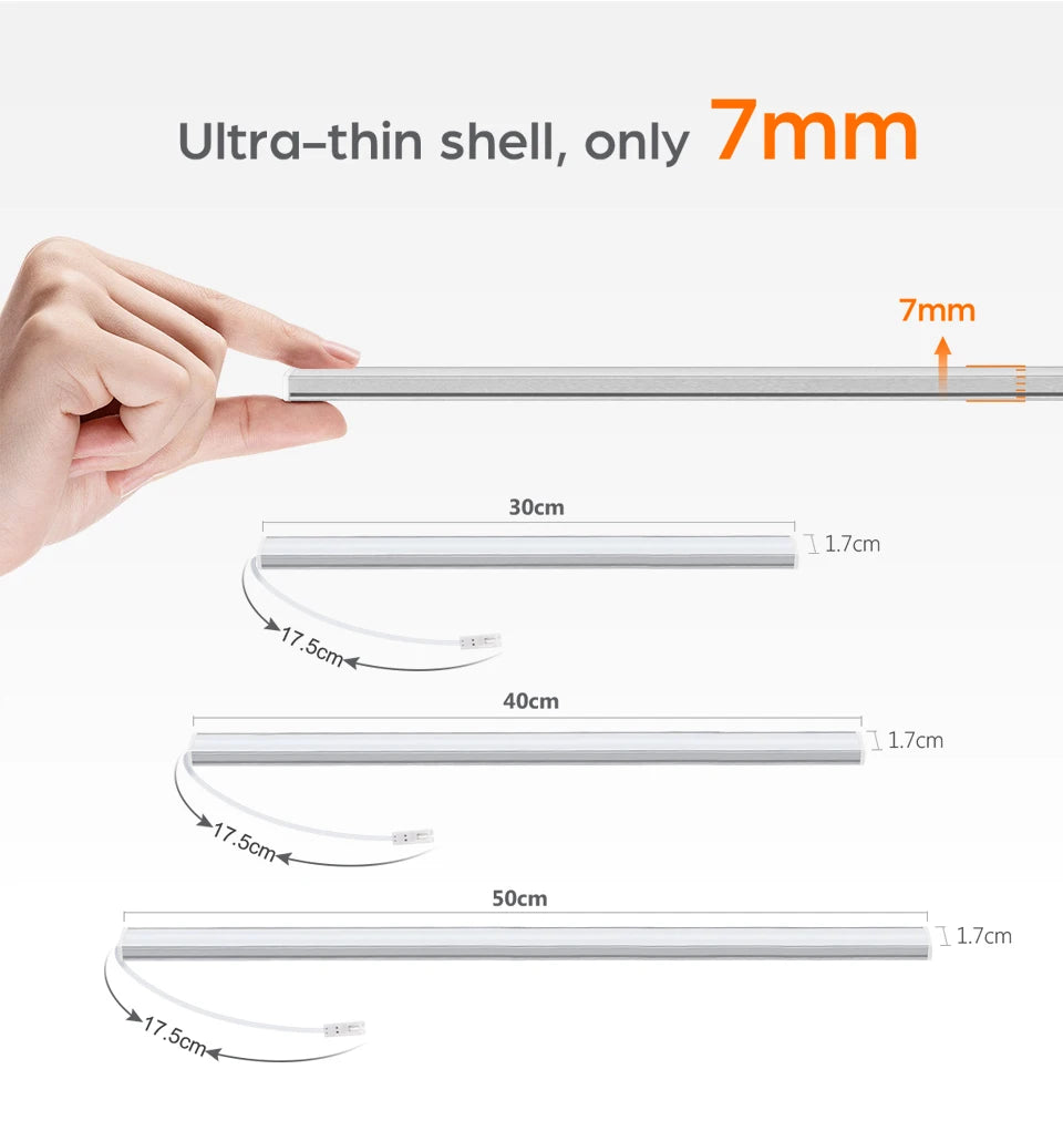 Simples Market under-cabinet LED bar light, ultra-thin 7mm, linkable dimmable touch sensor, 30/40/50cm options.