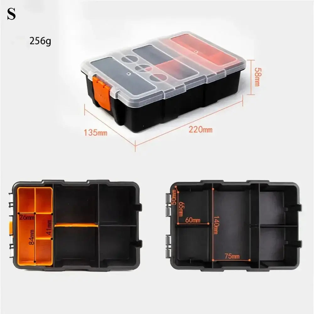 Simples Market multi-grid portable plastic parts toolbox with orange inserts, transparent lid, and black body.