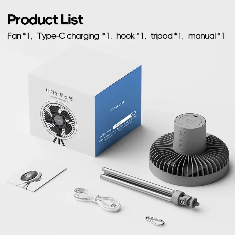 Camping fan by Simples Market; gray rechargeable desktop circulator with power bank and LED lighting