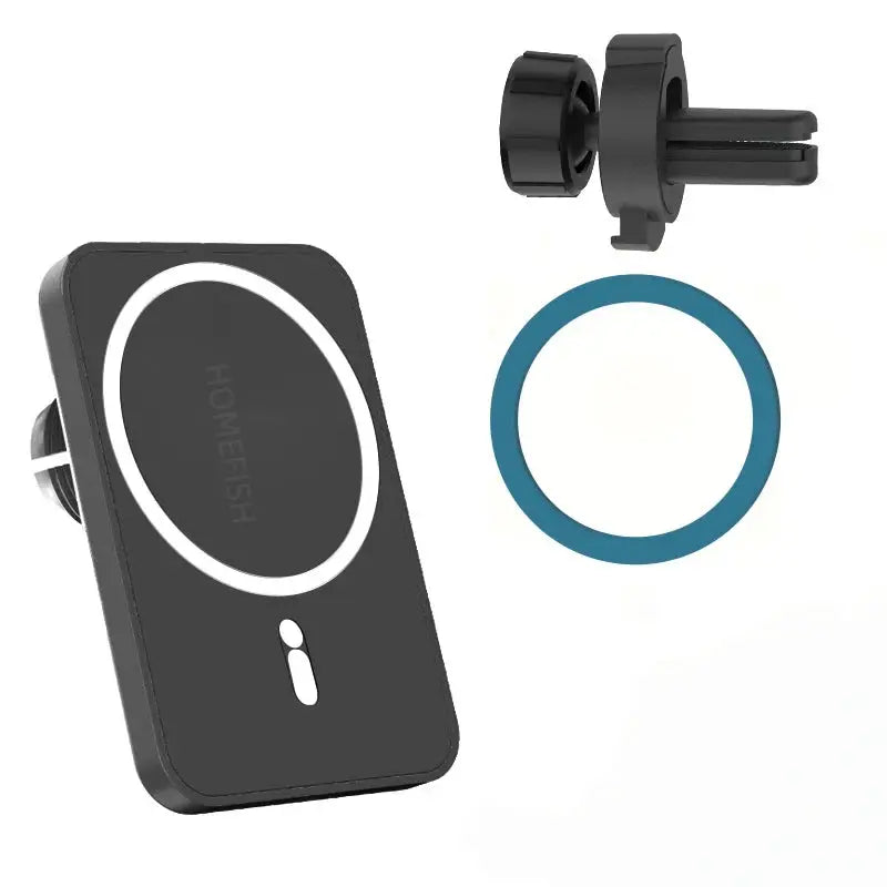 HOMEFISH magnetic car wireless charger kit, 3-piece set: black charging plate, blue magnetic ring, vent clip mount