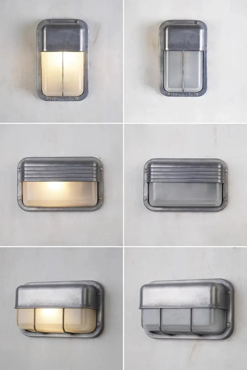 Outdoor retro LED wall lamp by Simples Market; industrial metal frame, frosted glass, IP65 waterproof