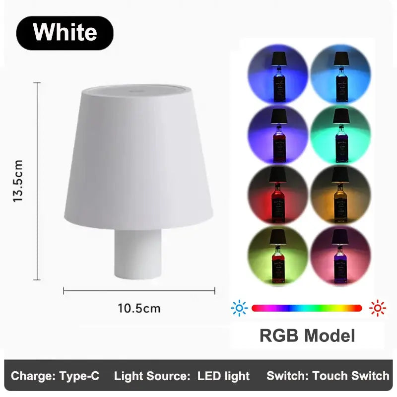 Wireless LED bottle lamp by Simples Market, white, touch-control with RGB color options.