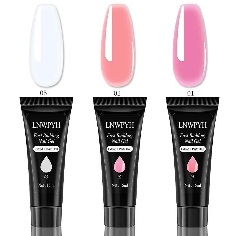 Simples Market nail extension gel set with three tubes and swatches in white, coral, and pink