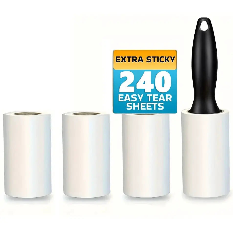 Ultra sticky lint roller with black handle and four white rolls, 240 easy tear sheets
