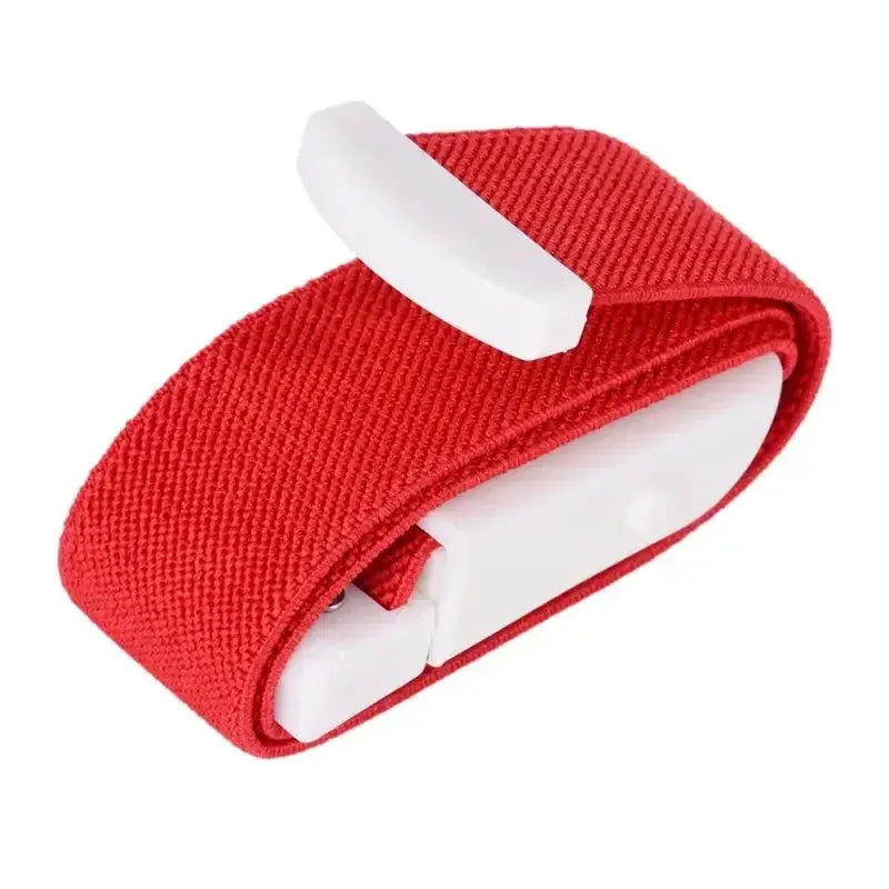 Emergency lock tourniquet red fabric strap with white plastic buckle.