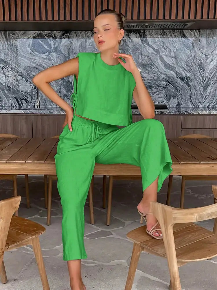 Linen Two Piece Pant Set With Crop Top For Women Spring Summer 2025