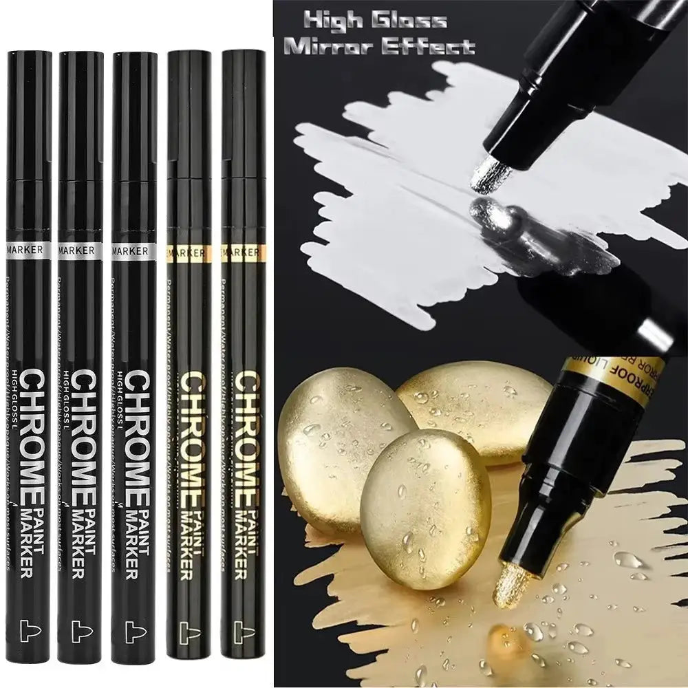 Simples Market chrome marker set, 5 pcs, black pens with gold/silver finishes, 2mm nib for rock/ceramic/glass; mirror finish.