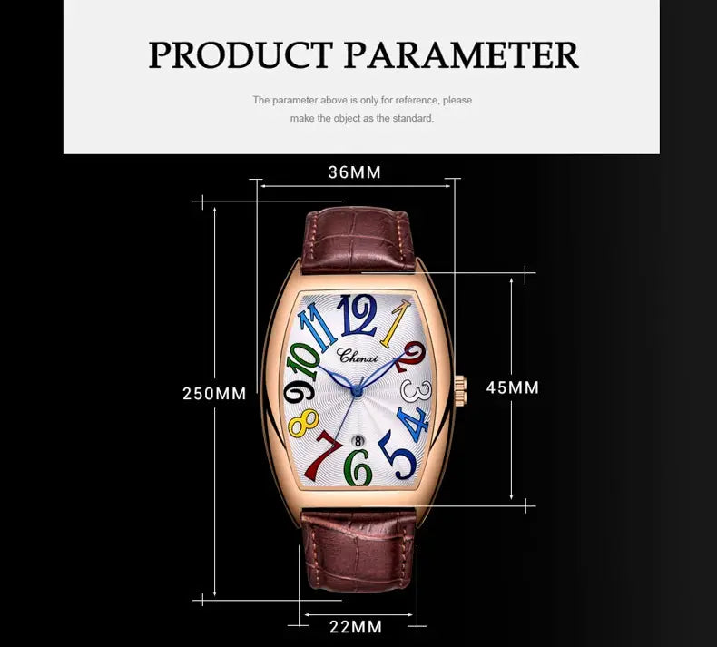 CHENXI men's watch with curved glass, rose-gold case, brown leather strap, multicolor numeral dial with date window.