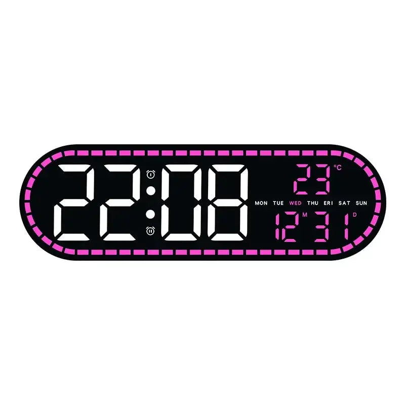 Digital LED wall clock by Simples Market with pink frame, large white time display, temp and date indicators