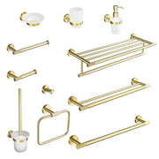 Brushed gold knurled brass bathroom hardware set with towel bar, towel ring, robe hook, toilet brush, tissue holder