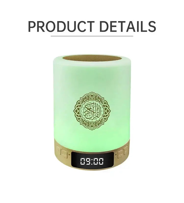 Portable LED night light with Bluetooth speaker by Simples Market, green glow and clock display
