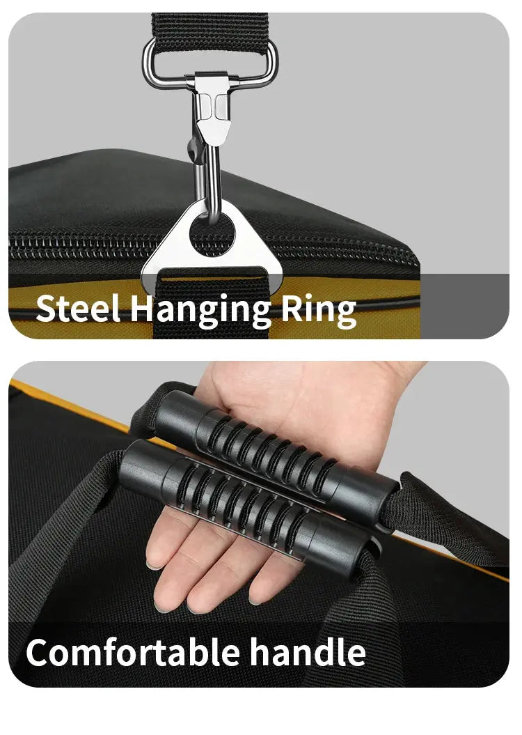 WINHUNT heavy-duty tool bag in yellow/black with wide-mouth zipper, steel hanging ring, and ergonomic ribbed handles.