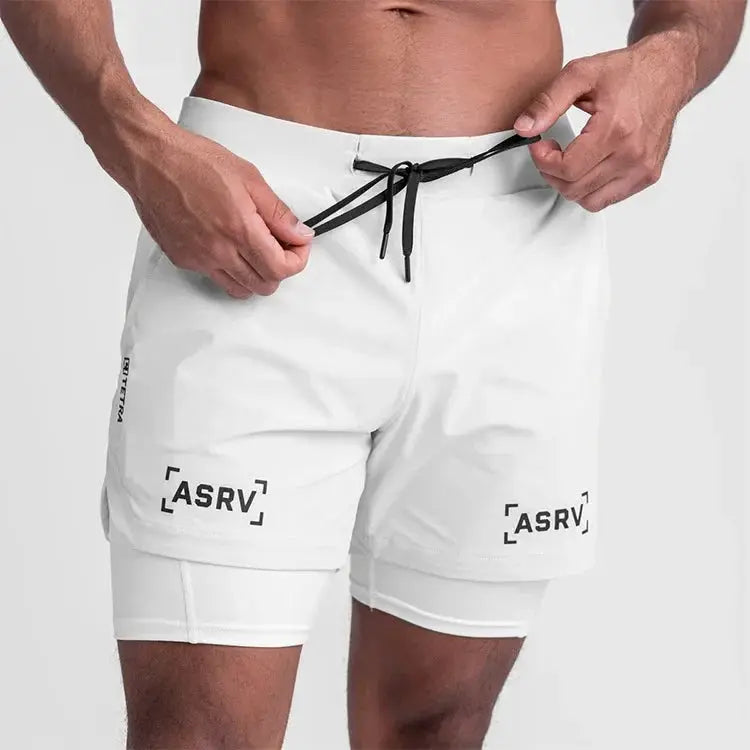 ASRV 2-in-1 quick-dry gym shorts in white with black drawstring, inner compression layer, and visible ASRV logos.