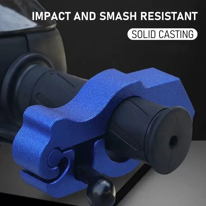 Motorcycle handlebar lock by Simples Market, blue solid-cast clamp with locking pin and anti-theft design