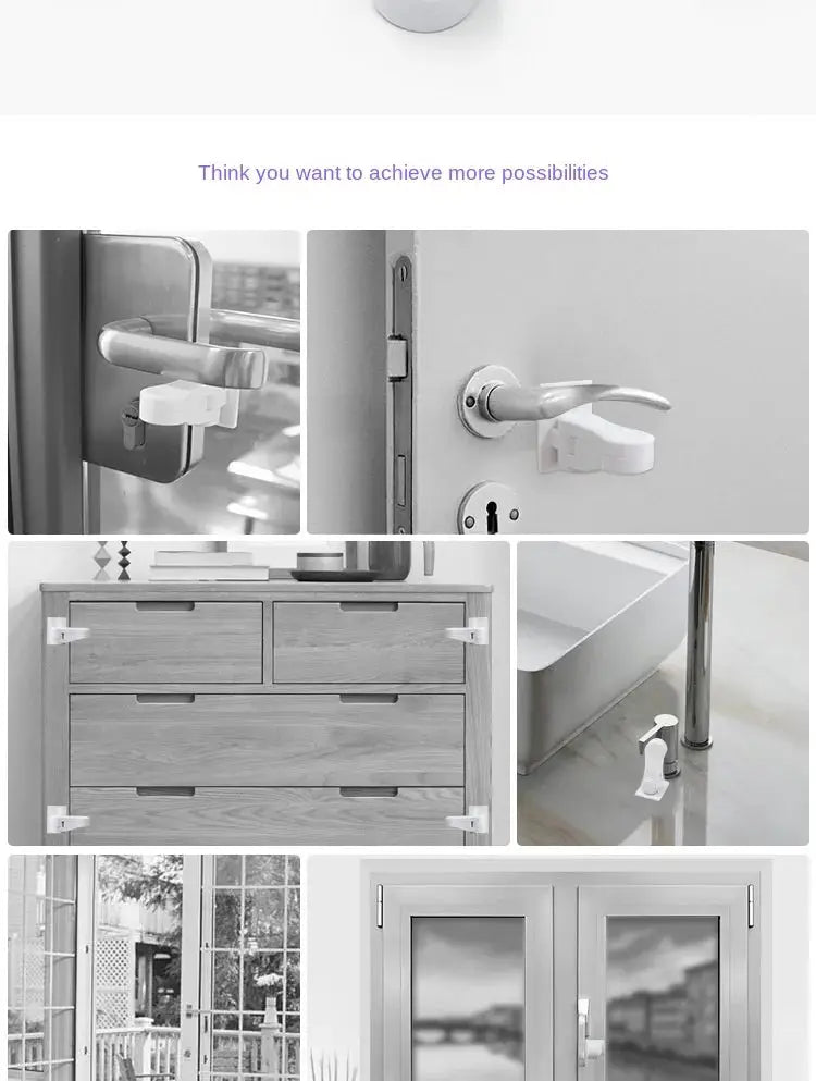 Universal white door lever safety lock set by Simples Market, adhesive baby-proof locks for doors and furniture