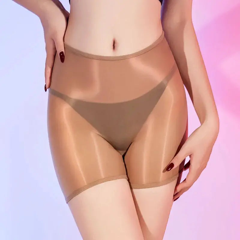 Women high-waist seamless sheer boxer underwear in nude oil-gloss fabric