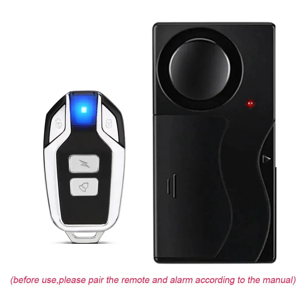 Anchtek 110dB wireless vibration alarm set for motorcycle with remote; black alarm unit and silver remote (2-piece)