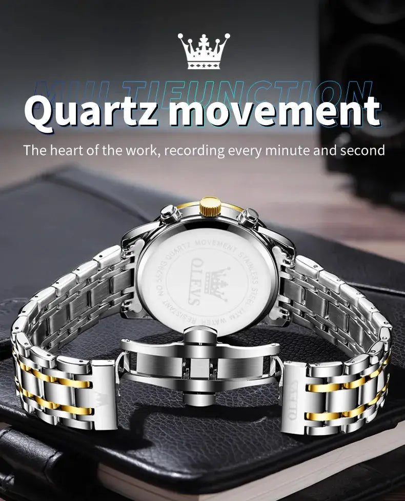 OLEVS men's stainless steel watch with a two-tone silver-gold bracelet and deployment clasp