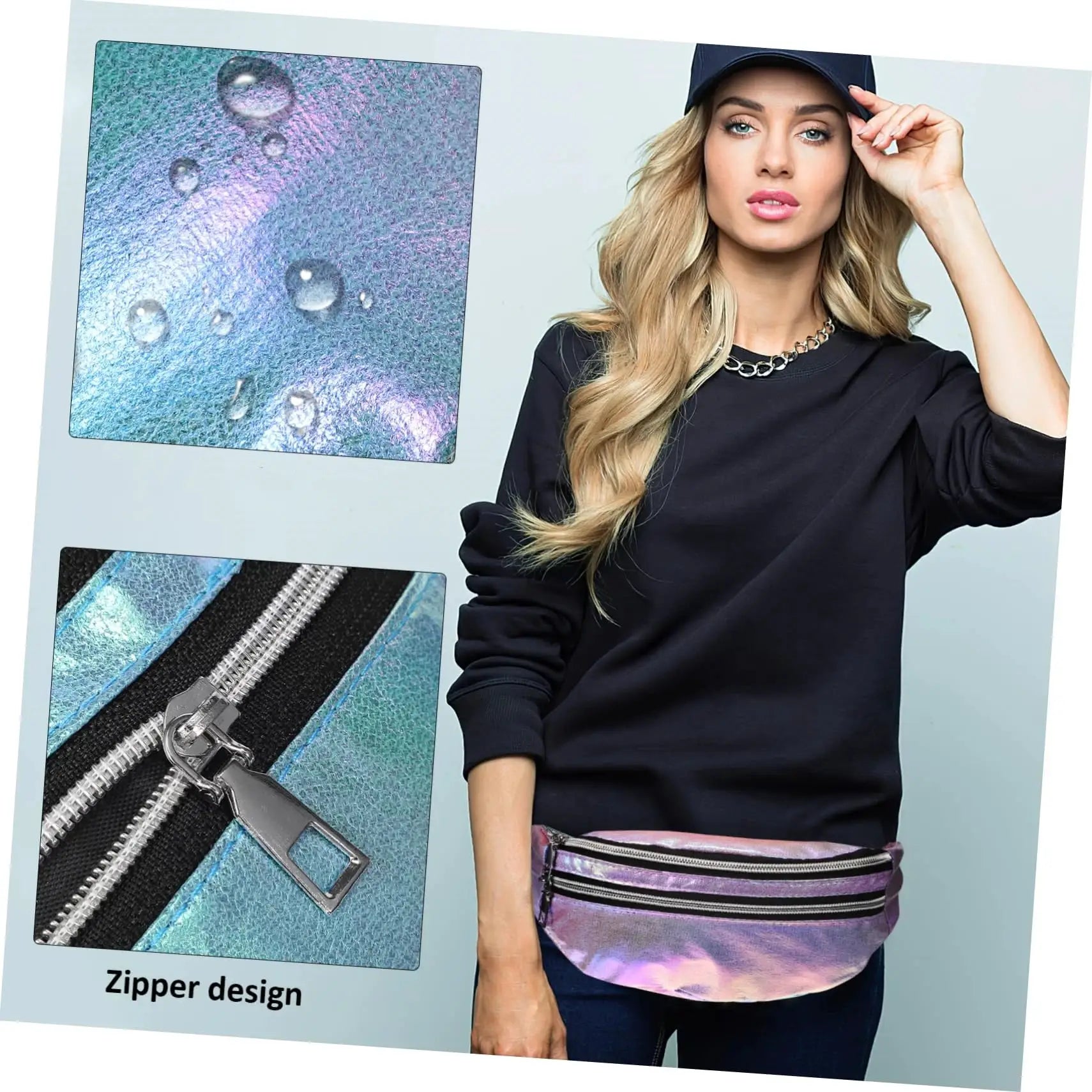 Holographic fanny pack waist bag with zipper design, iridescent blue-purple finish, Simples Market