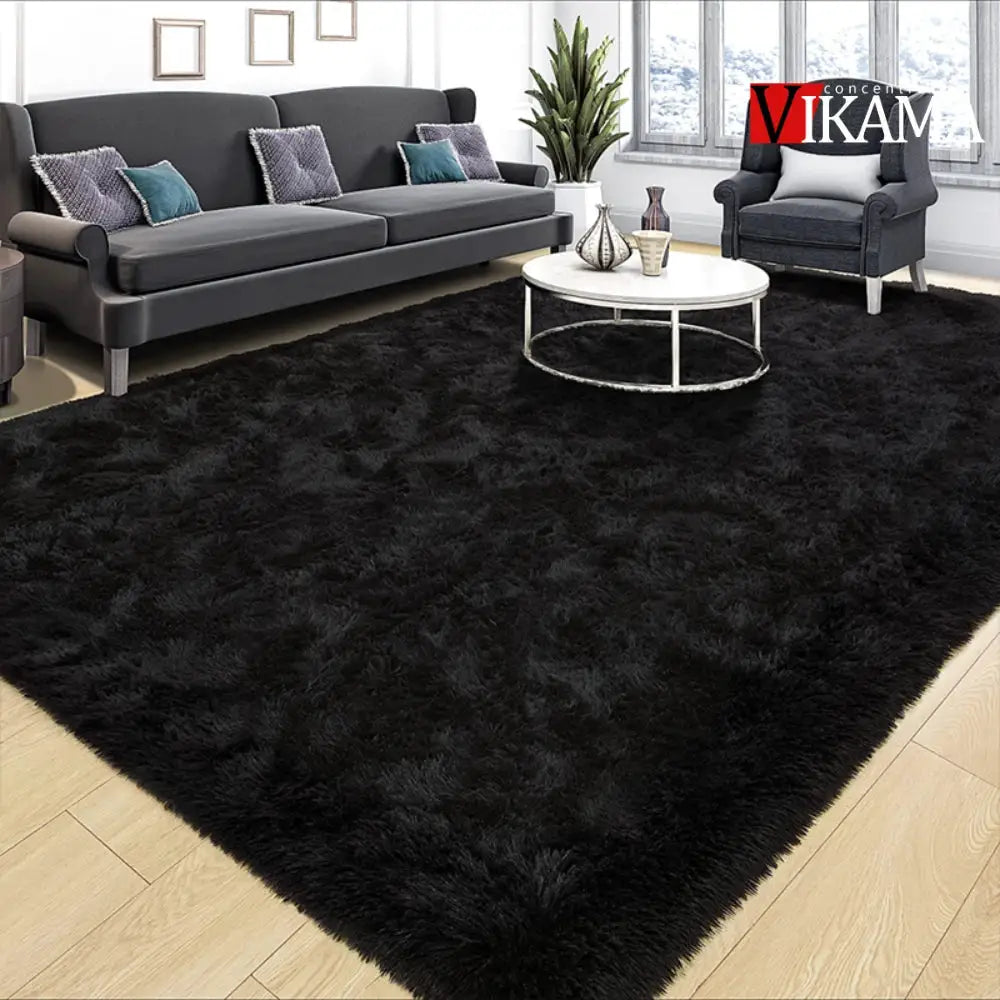 VIKAMA black shag area rug; large plush fluffy living room carpet