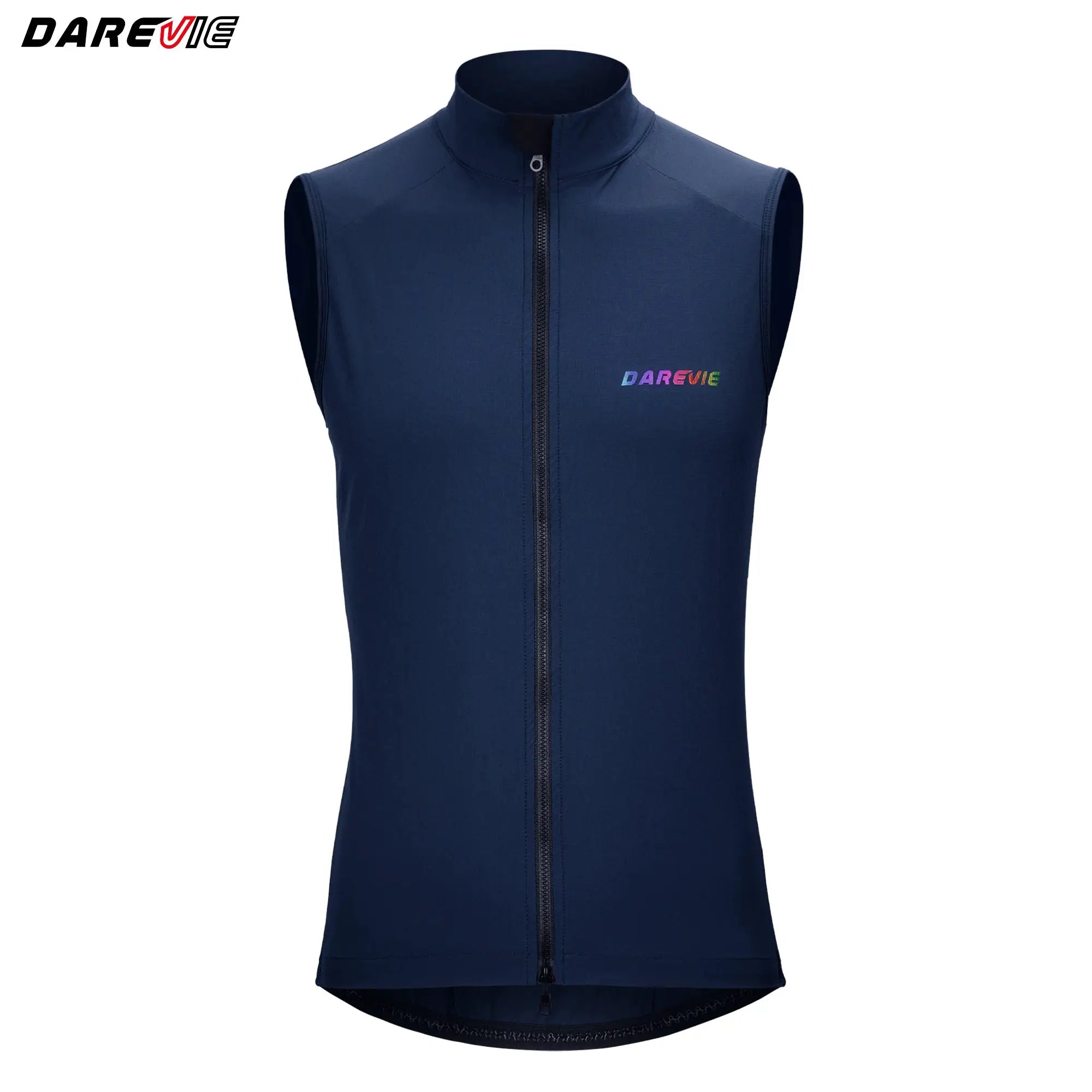 DAREVIE cycling vest in navy blue with full-zip front and rainbow-colored logo