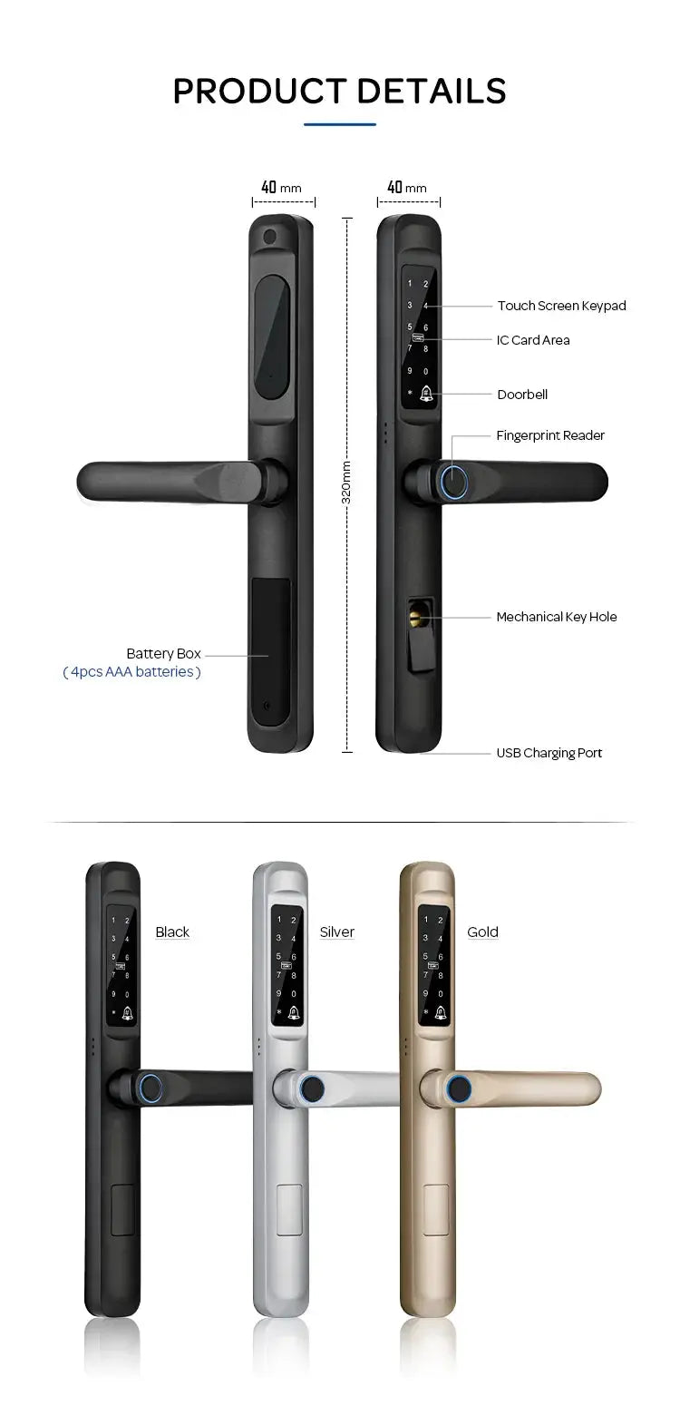 Simples Market smart door lock with fingerprint, Bluetooth, RFID and keypad; 92/85mm aluminum/glass, 3 colors