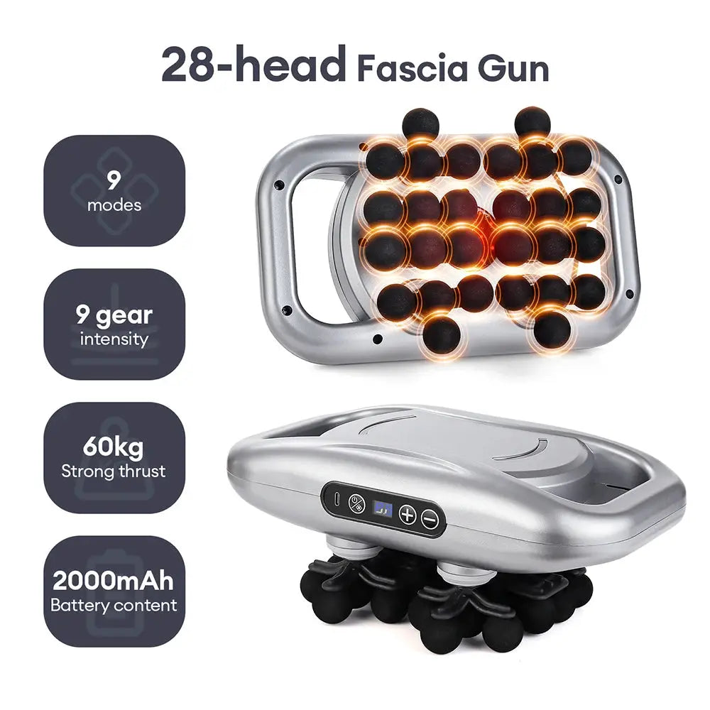 28-head fascia gun massage device with silver body and digital controls
